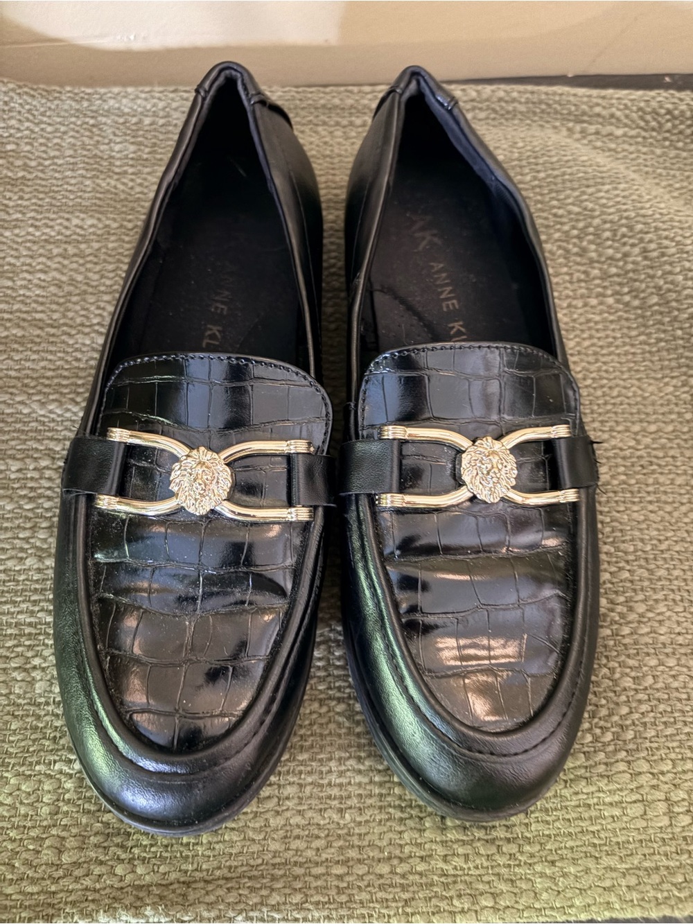 Anne Klein Black Croc-Embossed Loafers with Gold Accents